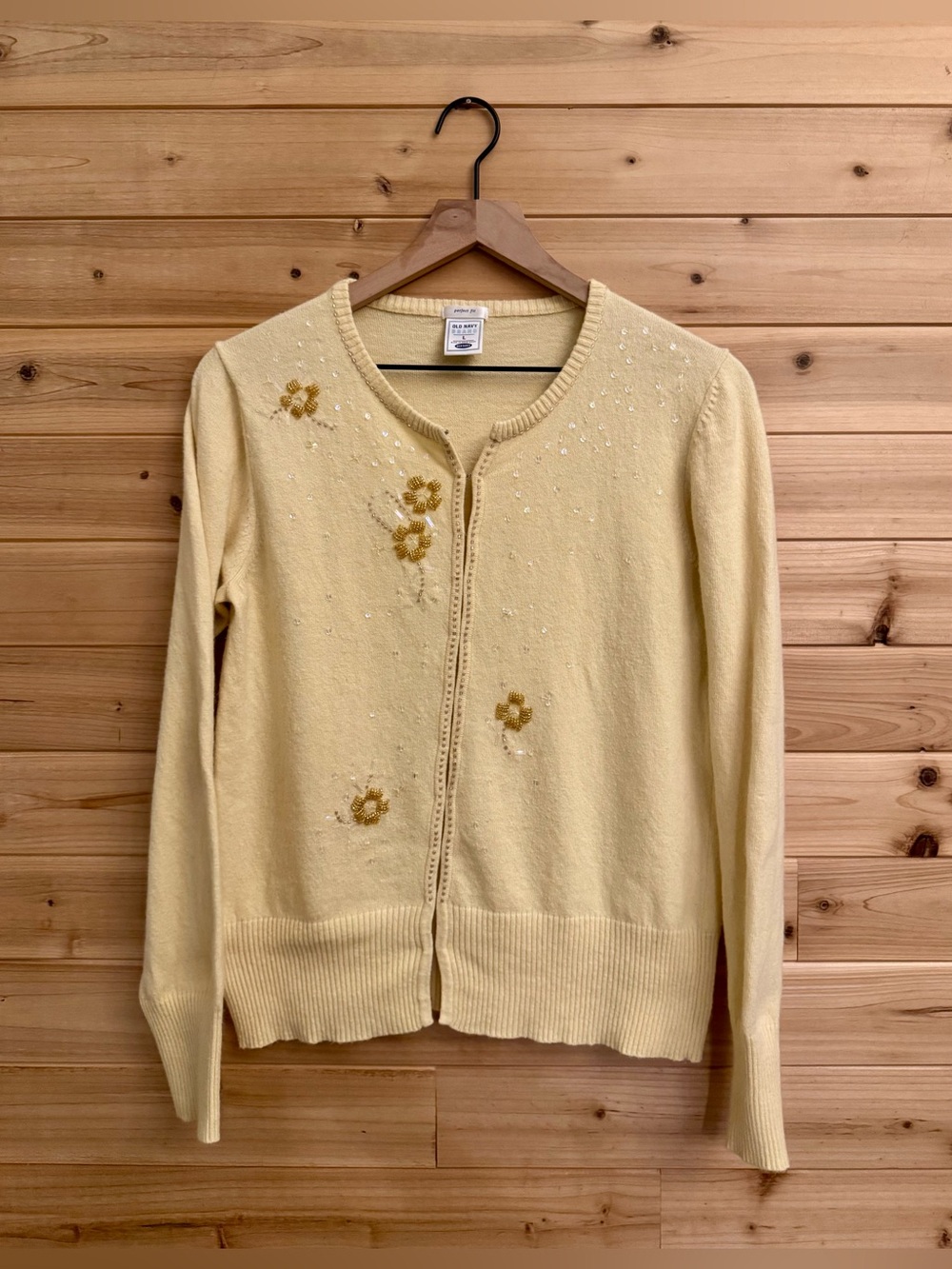 Y2K Old Navy Medium Butter Yellow Beaded Angora Blend Cardigan Coquette Preppy